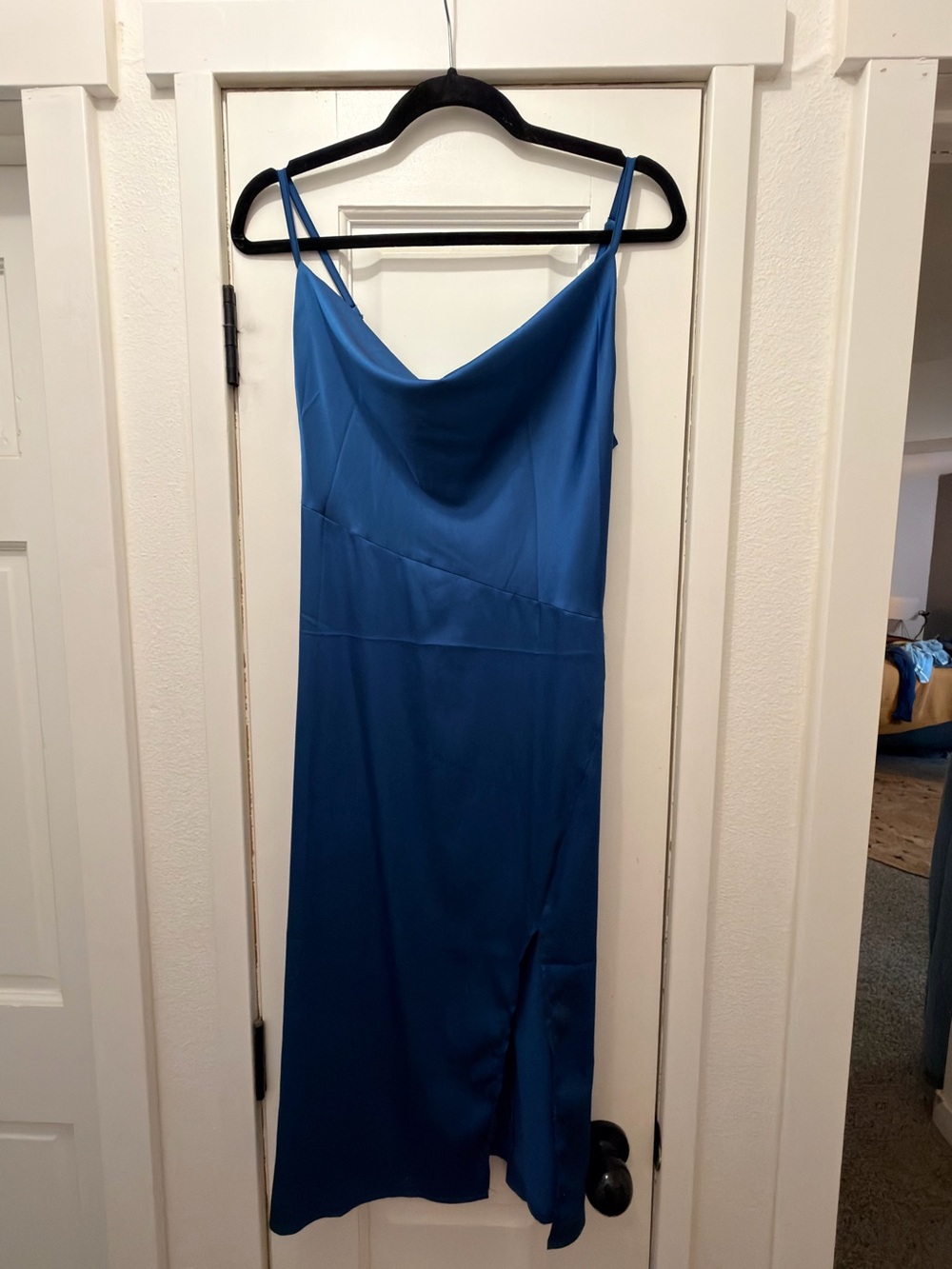 Blue Satin Slip Midi Dress with Cowl Neck